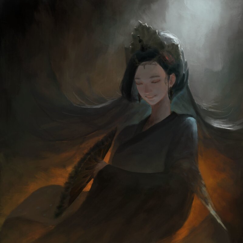 Woman with Long Dark Hair — Black, Dramatic, Digital Art, Dark Robe