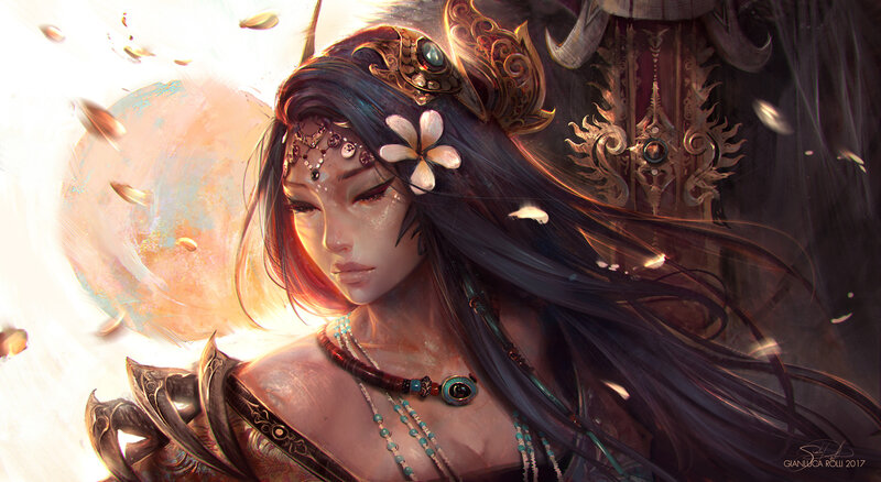 Woman with Long Dark Hair — Black, Dramatic, Digital Art, Flower