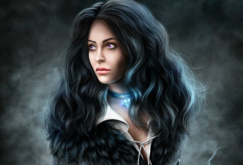 Woman with Long Dark Hair — Black, Dramatic, Digital Art, Glowing Necklace