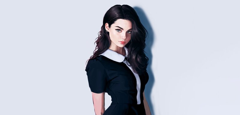 Woman with Long Dark Hair — Black, Neutral, Digital Art