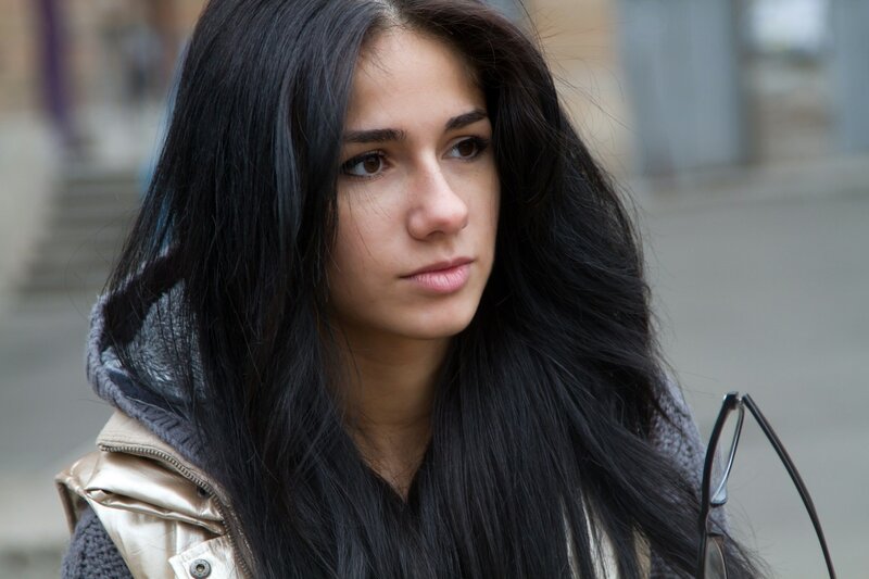 Woman with Long Dark Hair — Black, Neutral, Photograph, Jacket