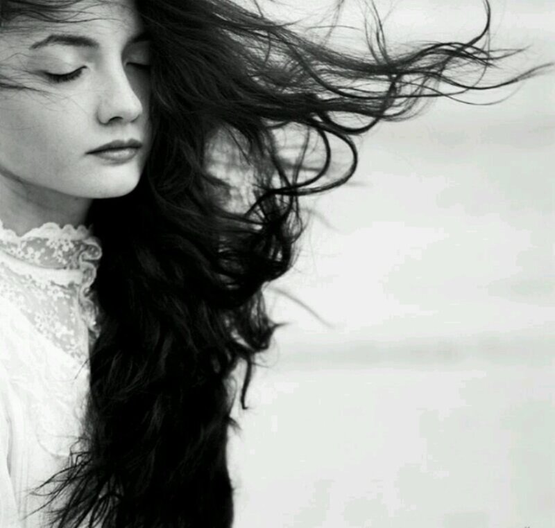 Woman with Long Dark Hair — Black, Serene, Photograph