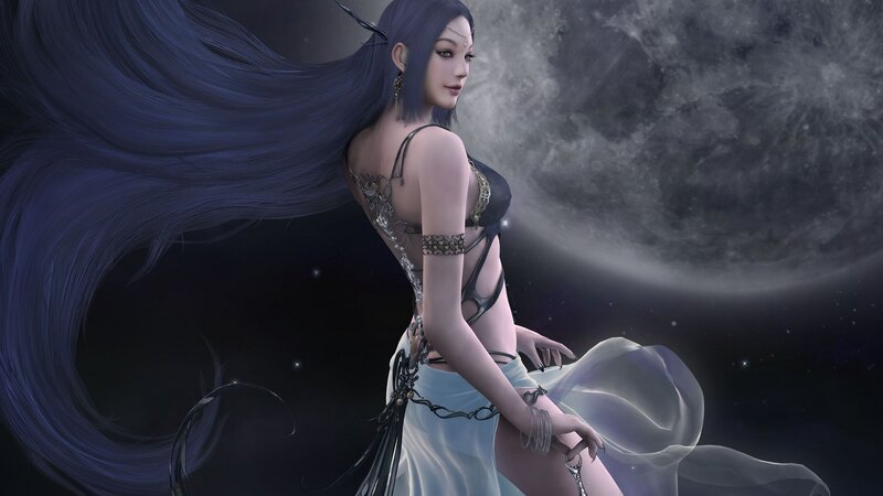 Woman with Long Dark Hair — Blue, Dramatic, Night, 3d Render