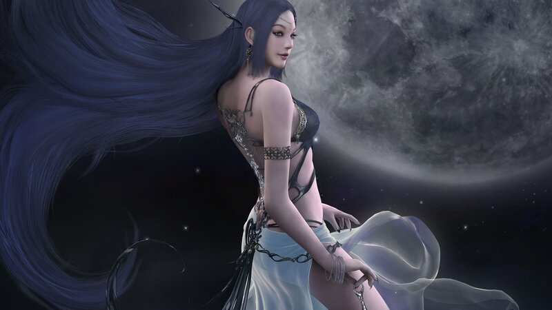 Woman with Long Dark Hair — Blue, Dramatic, Night, Digital Art, Moon