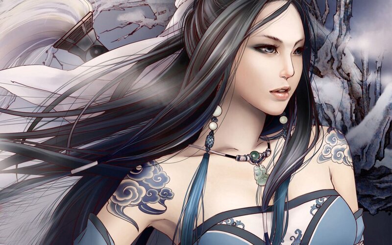 Woman with Long Dark Hair — Blue, Dramatic