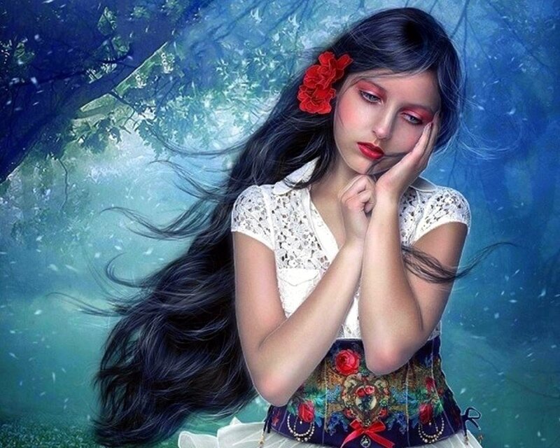 Woman with Long Dark Hair — Blue, Dreamy