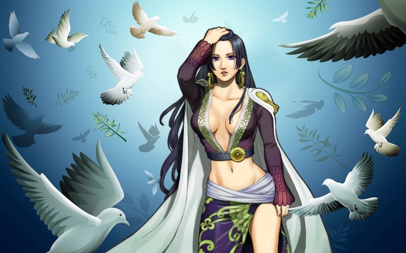 Woman with Long Dark Hair — Blue, Serene, Anime, Doves