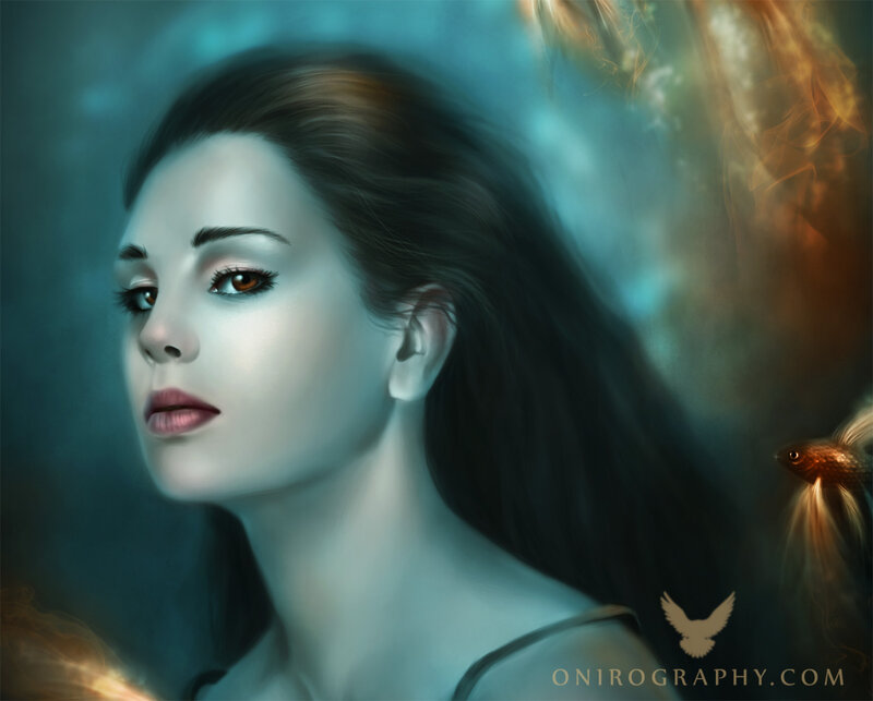 Woman with Long Dark Hair — Blue, Serene, Digital Art, Fish