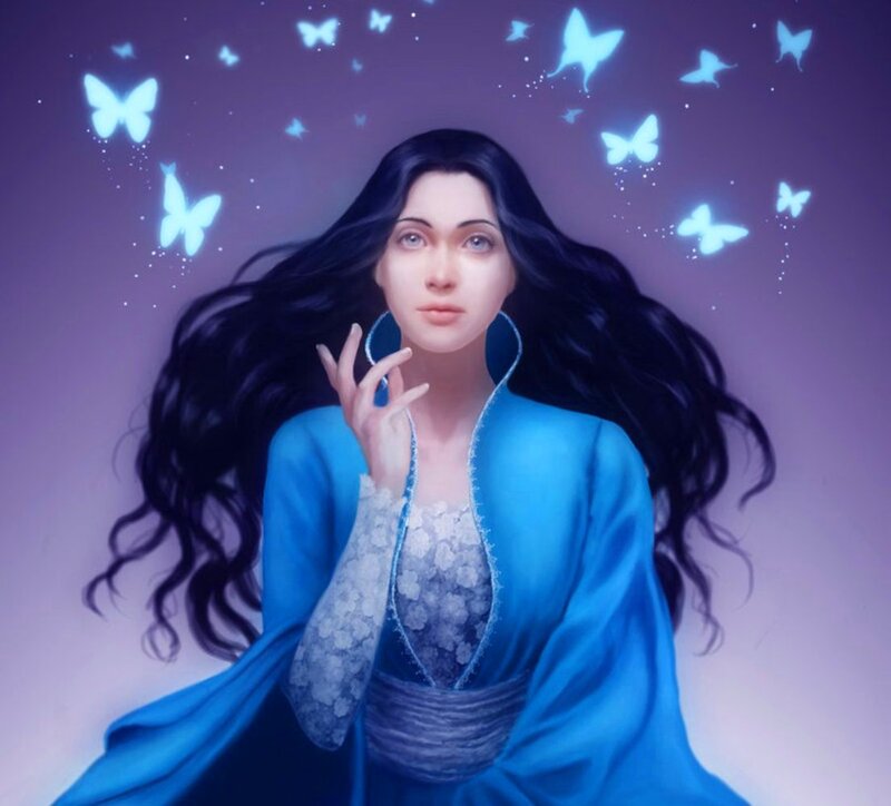 Woman with Long Dark Hair — Blue, Serene, Digital Art