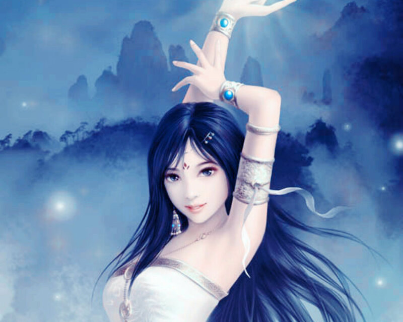 Woman with Long Dark Hair — Blue, Serene, Night, Digital Art