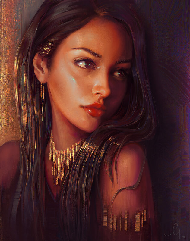 Woman with Long Dark Hair — Brown, Dramatic, Digital Art, Gold Necklace