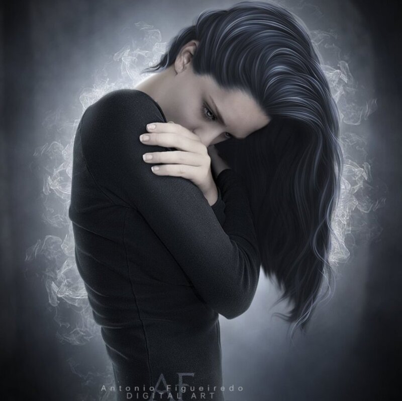Woman with Long Dark Hair — Gray, Dramatic, Digital Art