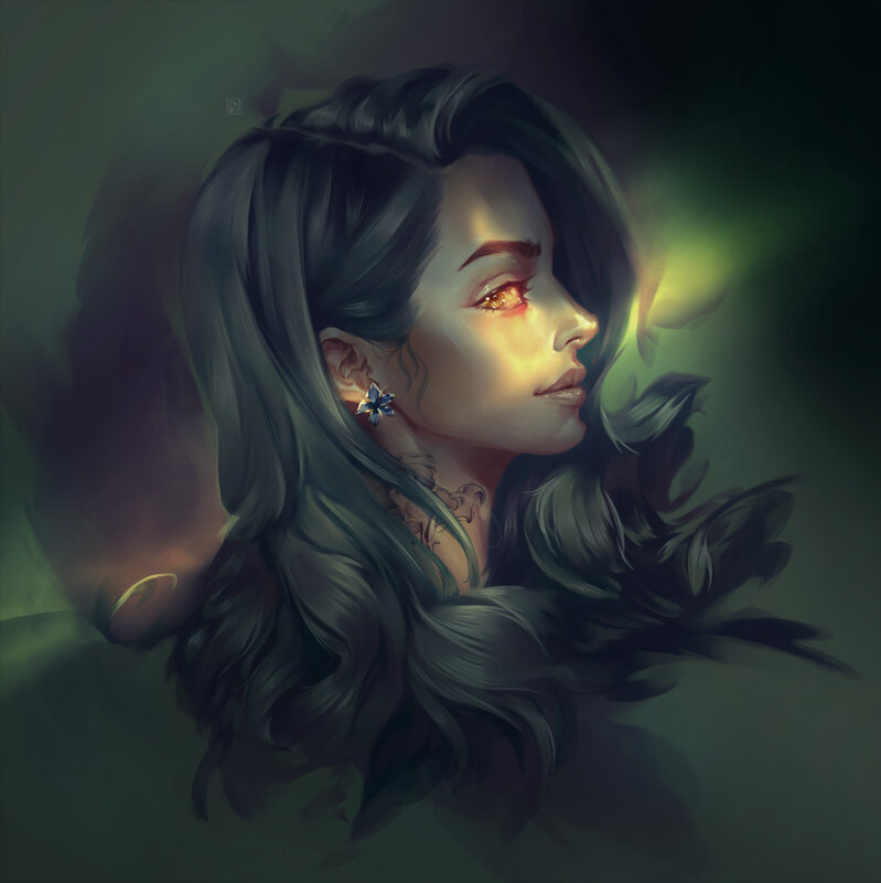 Woman with Long Dark Hair — Green, Dramatic, Night, Digital Art