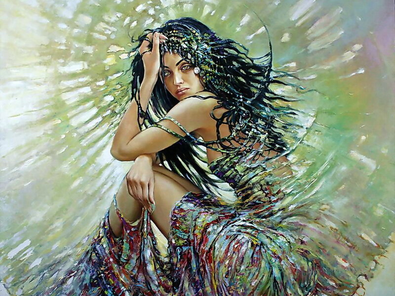 Woman with Long Dark Hair — Green, Dramatic