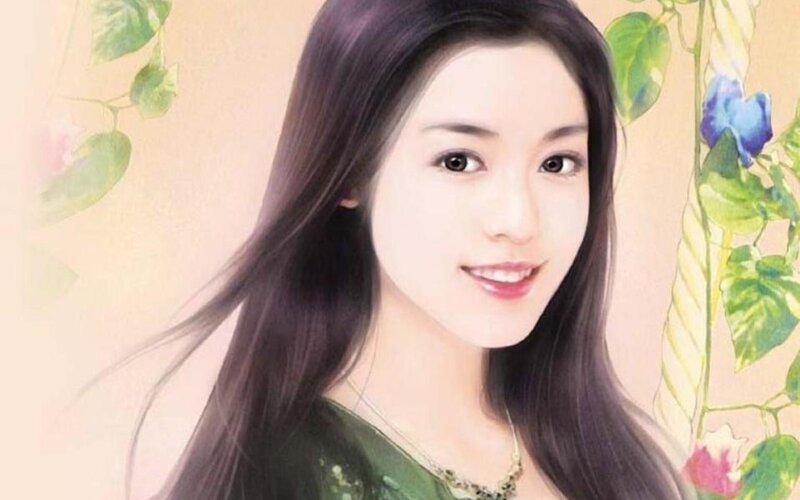 Woman with Long Dark Hair — Green, Serene, Illustration