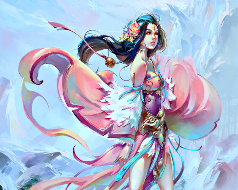 Woman with Long Dark Hair — Pink, Serene, Digital Art, Flowers