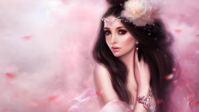 Woman with Long Dark Hair — Pink, Serene, Digital Art