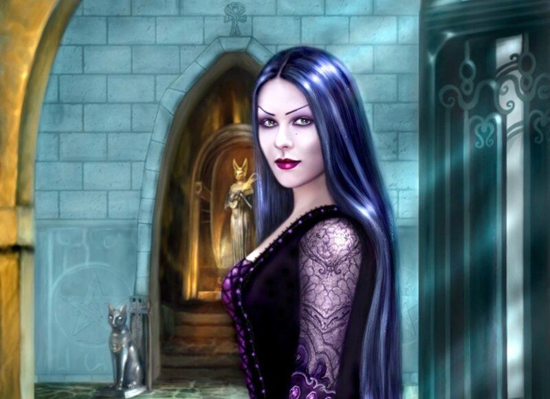 Woman with Long Dark Hair — Purple, Dramatic, Digital Art, Cat Statue
