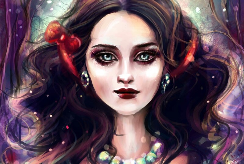 Woman with Long Dark Hair — Purple, Dramatic, Digital Art, Red Bow