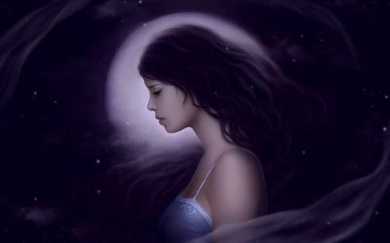 Woman with Long Dark Hair — Purple, Serene, Night