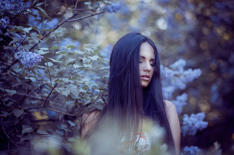 Woman with Long Dark Hair — Purple, Serene, Spring