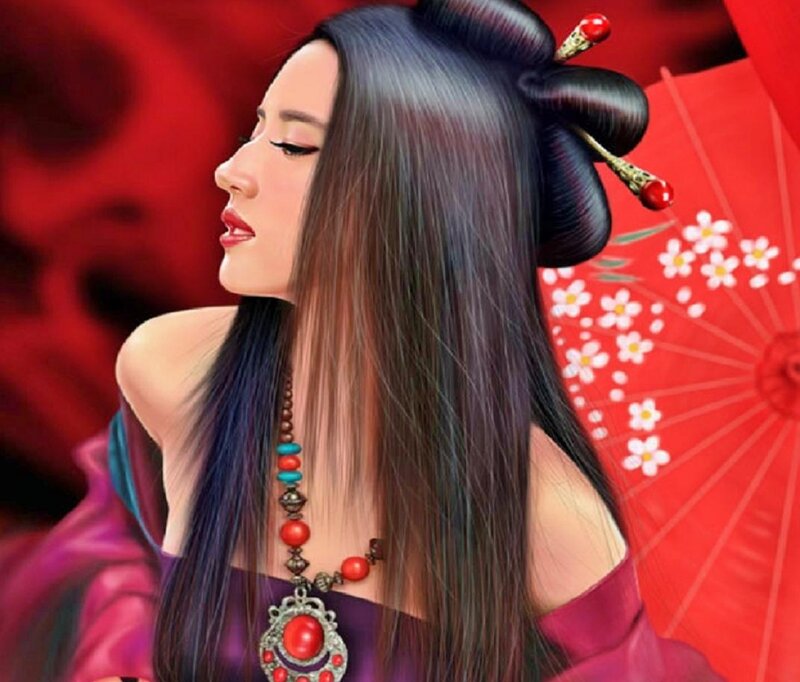 Woman with Long Dark Hair — Red, Dramatic, Digital Art, Red Umbrella