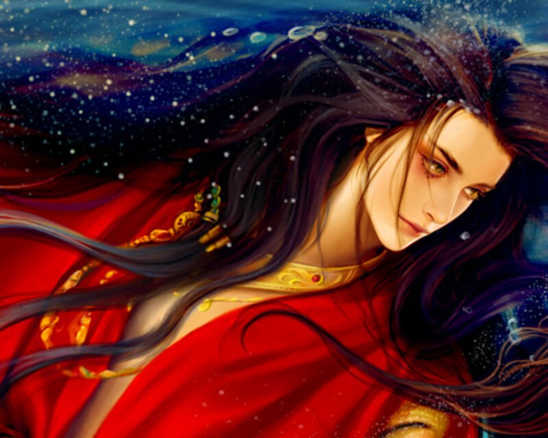 Woman with Long Dark Hair — Red, Dramatic, Night