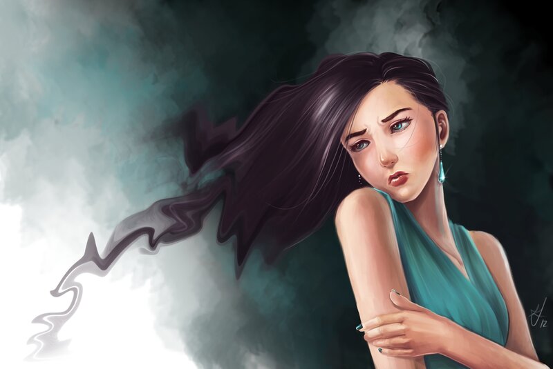 Woman with Long Dark Hair — Teal, Dramatic