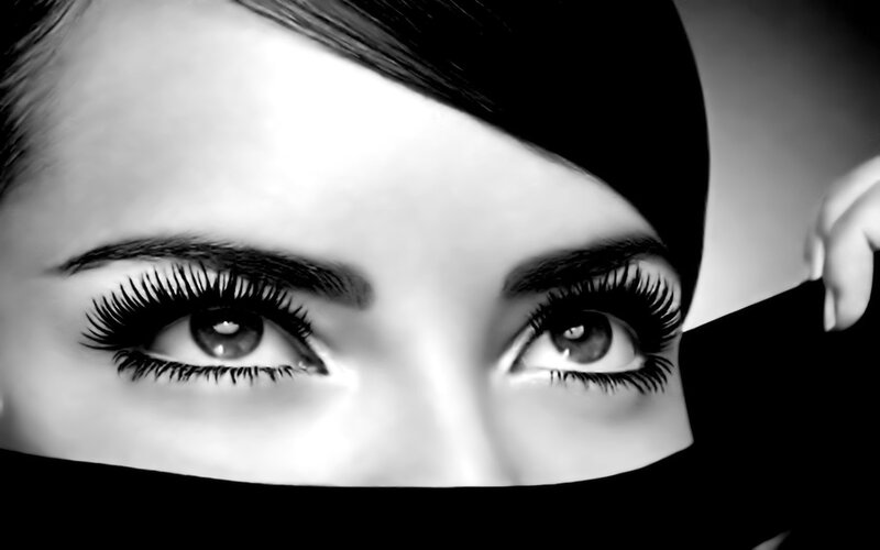 Woman with Long Eyelashes — Black, Dramatic, Photograph