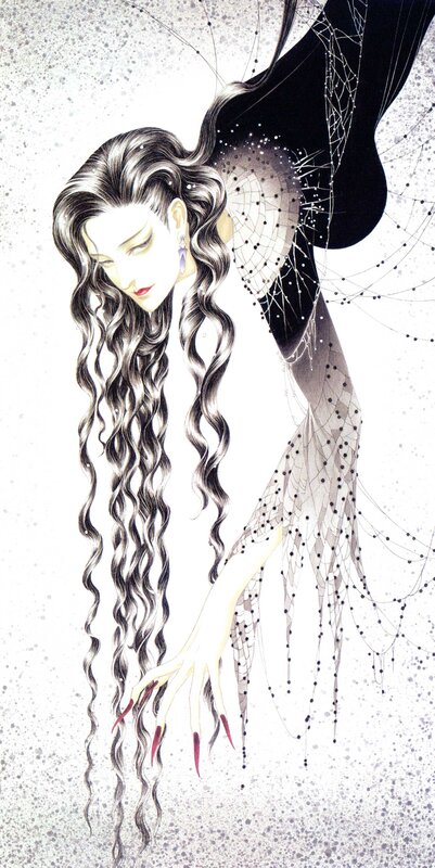 woman with long hair and web wings