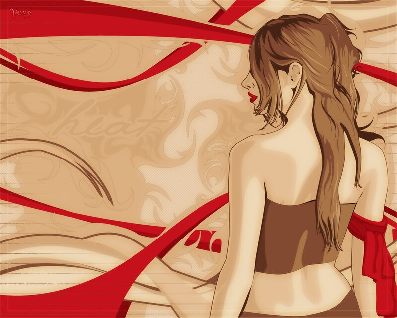 Woman with Long Hair — Beige, Dramatic, Digital Art, Red Ribbon