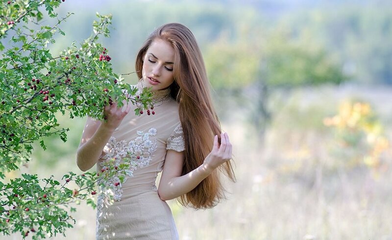 Woman with Long Hair — Beige, Serene, Afternoon