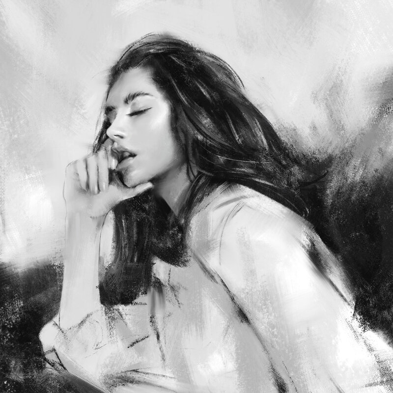 Woman with Long Hair — Black, Contemplative, Digital Art, Hand
