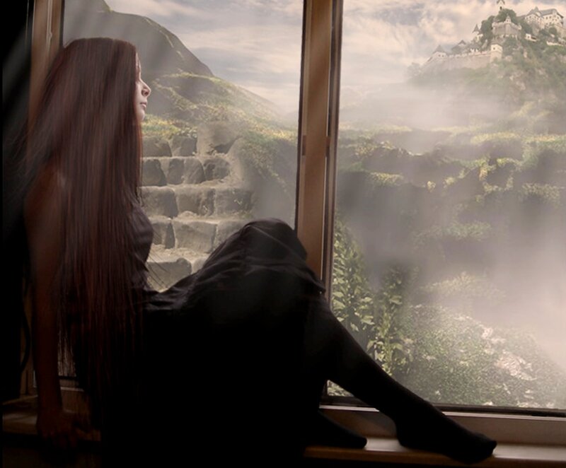 Woman with Long Hair — Black, Contemplative, Digital Art