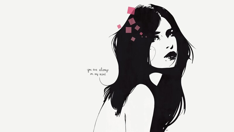 Woman with Long Hair — Black, Contemplative, Illustration
