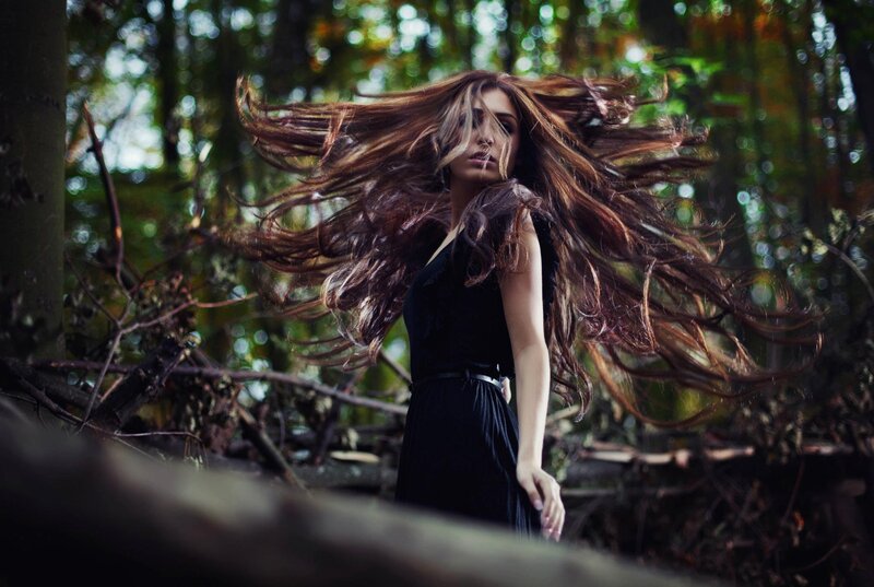 Woman with Long Hair — Black, Dramatic, Afternoon, Photograph, Forest