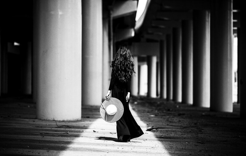 Woman with Long Hair — Black, Dramatic, Afternoon, Photograph, Hat
