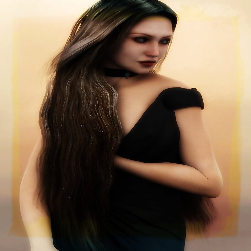 Woman with Long Hair — Black, Dramatic, Digital Art, Black Dress
