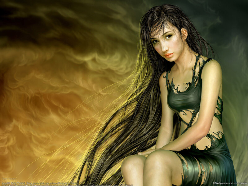 Woman with Long Hair — Black, Dramatic, Digital Art, Dress