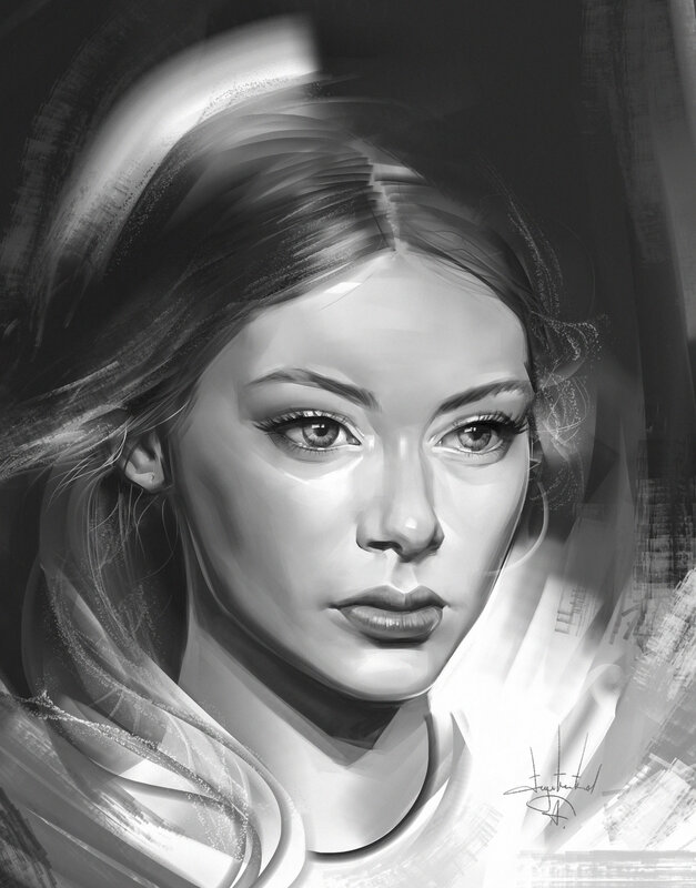Woman with Long Hair — Black, Dramatic, Digital Art, Eyes, Neck