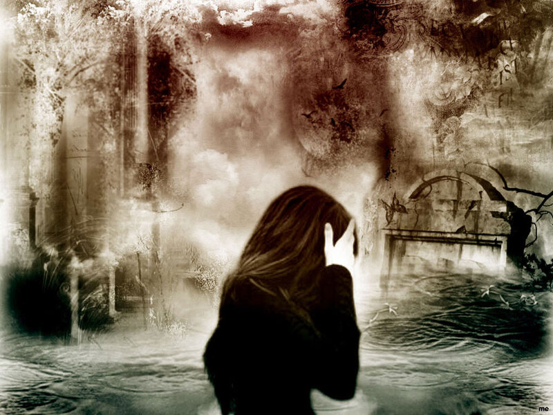 Woman with Long Hair — Black, Dramatic, Digital Art, Fog