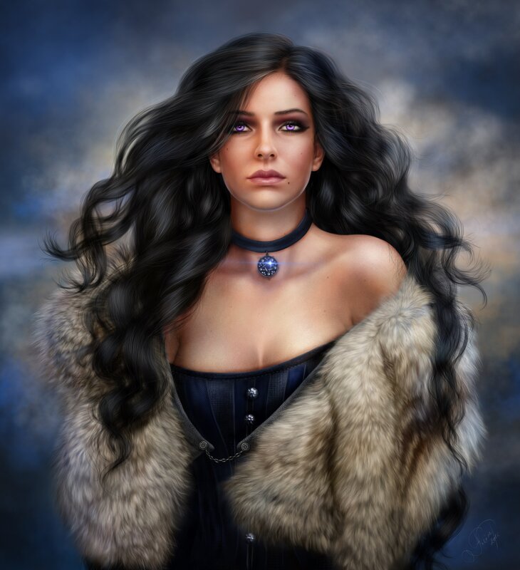 Woman with Long Hair — Black, Dramatic, Digital Art, Fur Coat