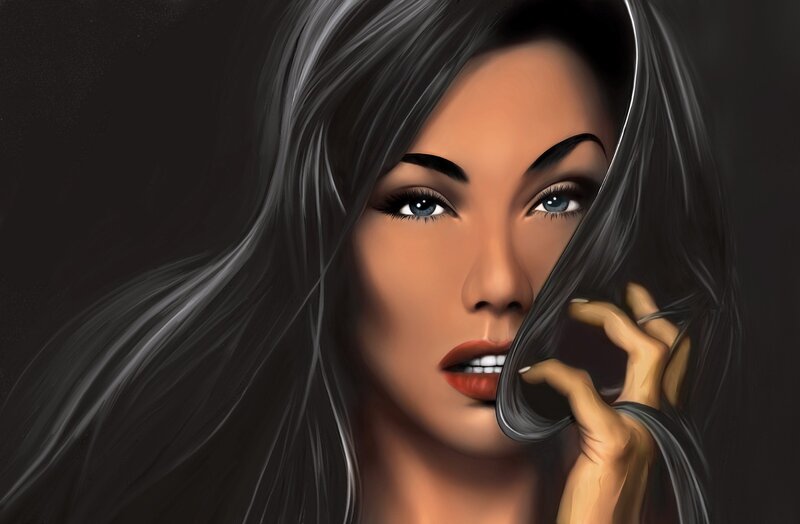 Woman with Long Hair — Black, Dramatic, Digital Art, Hand, Blue Eyes