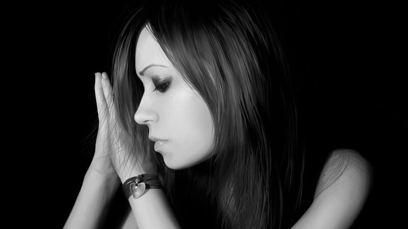 Woman with Long Hair — Black, Dramatic, Digital Art, Hand, Bracelet