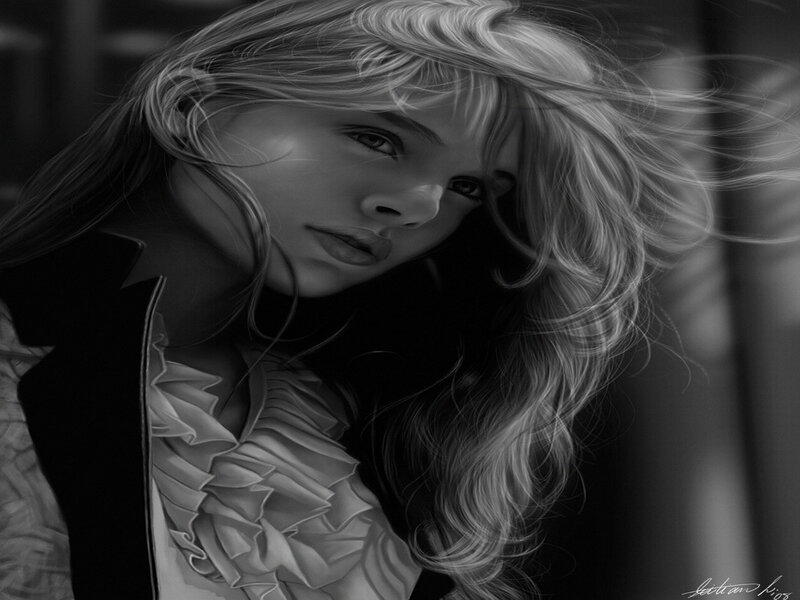 Woman with Long Hair — Black, Dramatic, Digital Art, Jacket