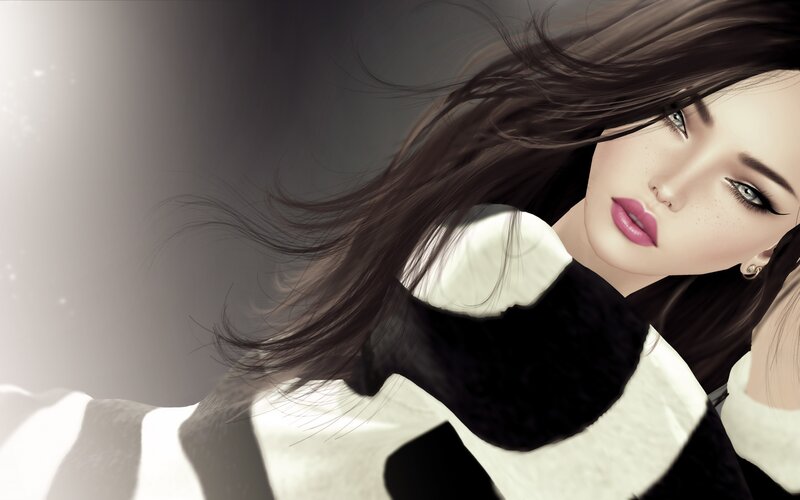 Woman with Long Hair — Black, Dramatic, Digital Art, Lipstick