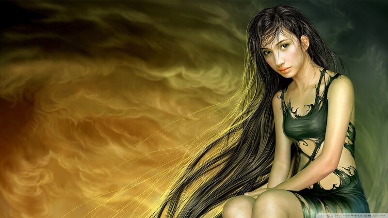 Woman with Long Hair — Black, Dramatic, Digital Art, Long Hair, Dark Dress, Smoky Background