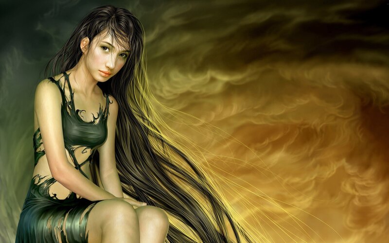 Woman with Long Hair — Black, Dramatic, Digital Art, Long Hair, Dress, Smoke