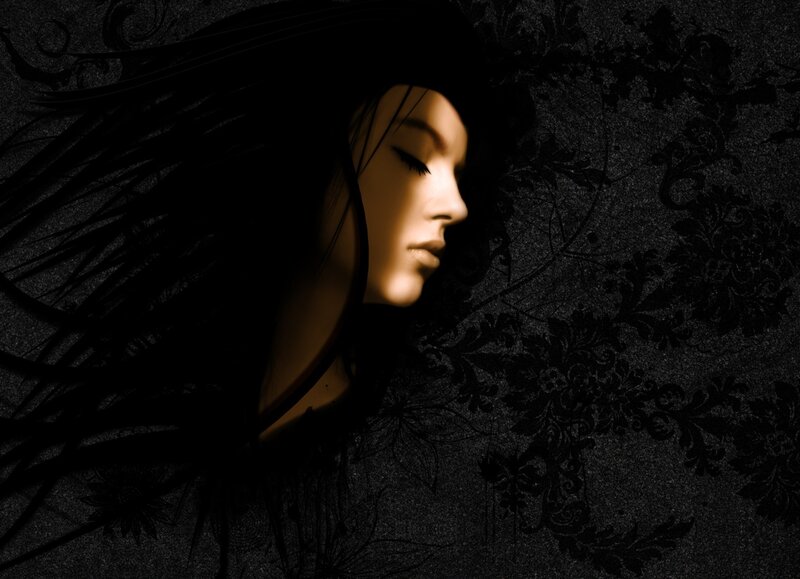 Woman with Long Hair — Black, Dramatic, Digital Art, Profile, Floral Pattern, Brown