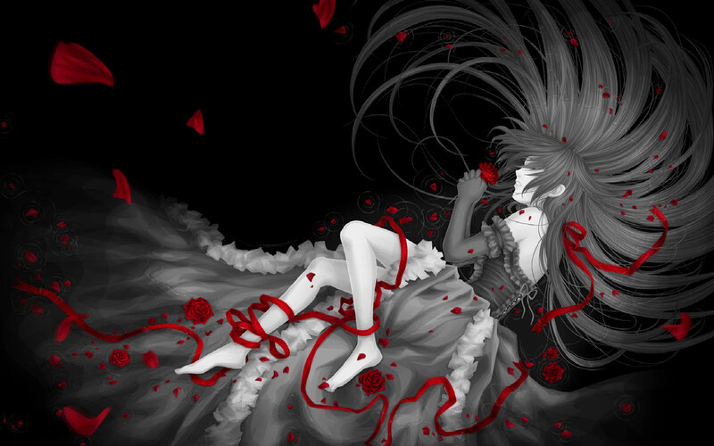 Woman with Long Hair — Black, Dramatic, Digital Art, Rose Petals